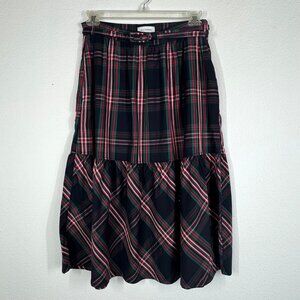 Free Assembly Plaid Skirt Midi Academia Size 12 Side Zip A LIne Black Belted